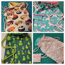Load image into Gallery viewer, Customizable Kid-Sized Lined Canvas Drawstring Backpack and Optional Clip-On Pouch (Two Sizes)
