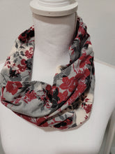 Load image into Gallery viewer, Maroon, Gray and Cream Floral Single Loop Jersey Knit Infinity Scart